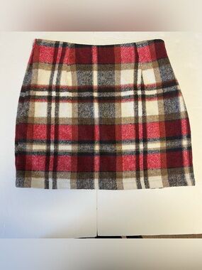 Womens Plaid Wool Blend Mini Skirt in Red and Cream Lined Preppy Small